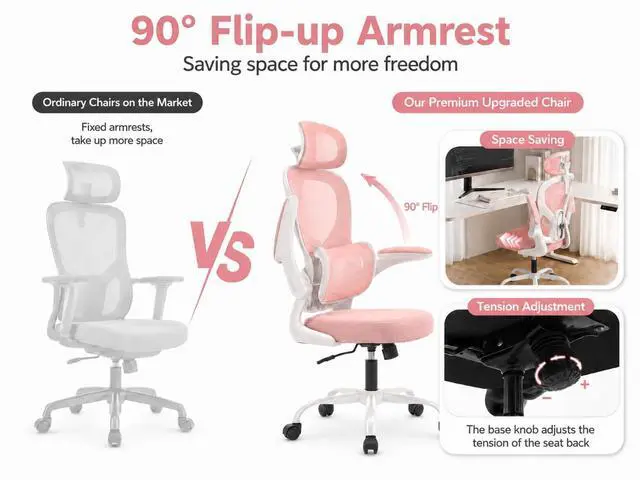 Alt view image 5 of 7 - Ergonomic Office Chair with Adjustable Headrest & Lumbar Support, High Back Mesh Desk Chair, 400 LBS Capacity Swivel Computer Chair with Flip-Up Arms, Home Office Gaming Chair (Pink)