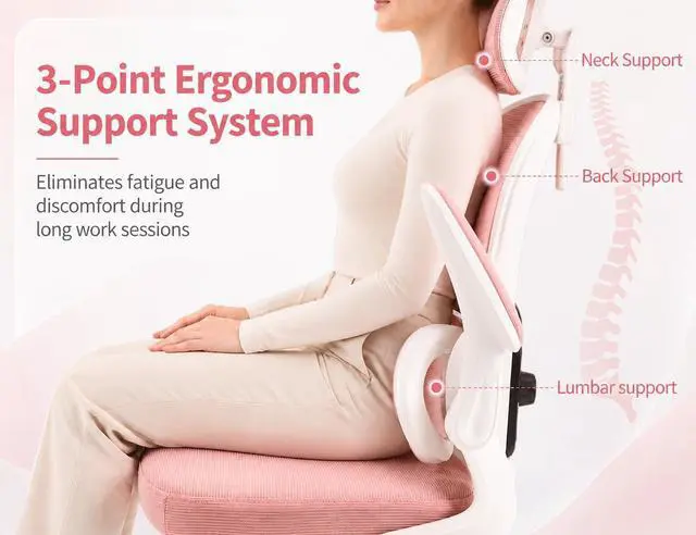 Alt view image 6 of 7 - Ergonomic Office Chair with Adjustable Headrest & Lumbar Support, High Back Mesh Desk Chair, 400 LBS Capacity Swivel Computer Chair with Flip-Up Arms, Home Office Gaming Chair (Pink)