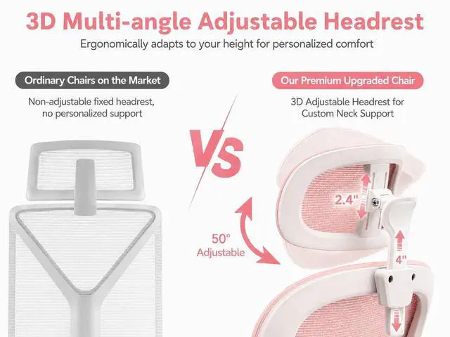 Alt view image 4 of 7 - Ergonomic Office Chair with Adjustable Headrest & Lumbar Support, High Back Mesh Desk Chair, 400 LBS Capacity Swivel Computer Chair with Flip-Up Arms, Home Office Gaming Chair (Pink)