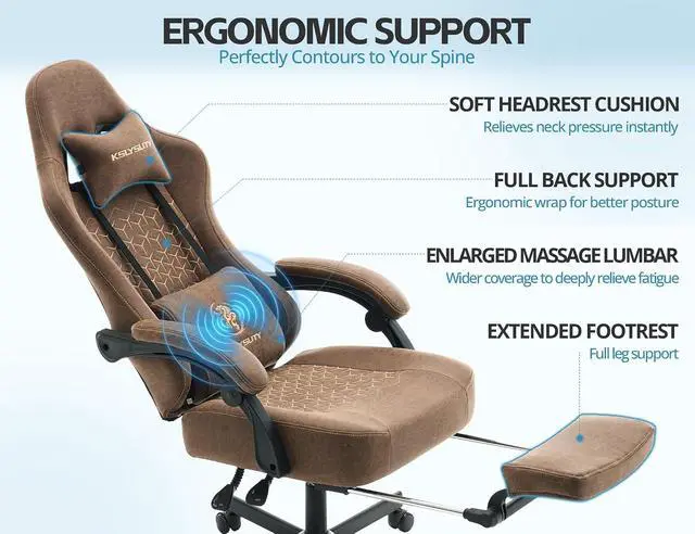 Alt view image 5 of 7 - Office Chair for Home Office, Ergonomic Wide Seat Desk Chair with Pocket Spring Cushion, Breathable Leather Gaming Chair with Adjustable Headrest and Retractable FootrestBrown Leather