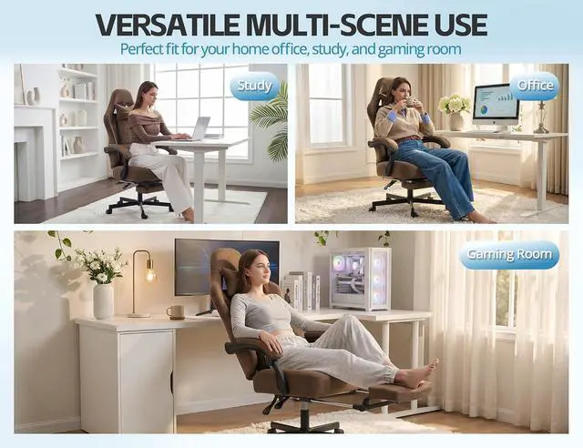 Alt view image 3 of 7 - Office Chair for Home Office, Ergonomic Wide Seat Desk Chair with Pocket Spring Cushion, Breathable Leather Gaming Chair with Adjustable Headrest and Retractable FootrestBrown Leather
