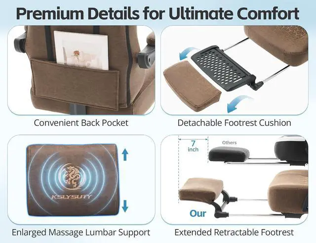 Alt view image 6 of 7 - Office Chair for Home Office, Ergonomic Wide Seat Desk Chair with Pocket Spring Cushion, Breathable Leather Gaming Chair with Adjustable Headrest and Retractable FootrestBrown Leather