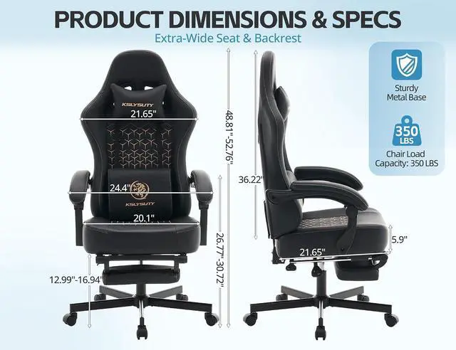 Alt view image 2 of 7 - Office Chair for Home Office, Ergonomic Wide Seat Desk Chair with Pocket Spring Cushion, Breathable Leather Gaming Chair with Adjustable Headrest and Retractable FootrestBlack Leather