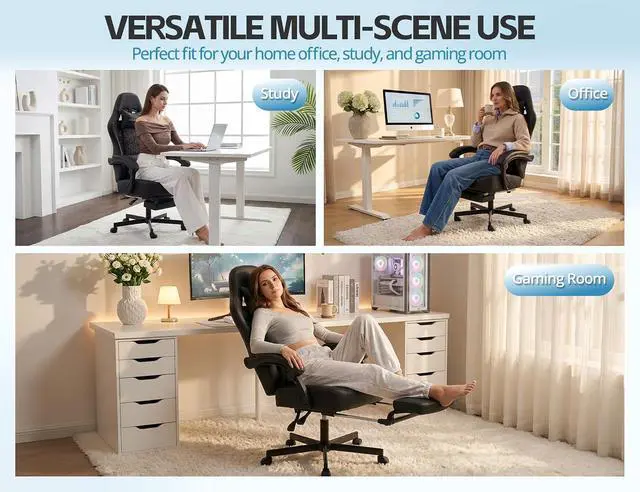 Alt view image 3 of 7 - Office Chair for Home Office, Ergonomic Wide Seat Desk Chair with Pocket Spring Cushion, Breathable Leather Gaming Chair with Adjustable Headrest and Retractable FootrestBlack Leather