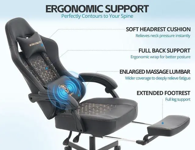 Alt view image 5 of 7 - Office Chair for Home Office, Ergonomic Wide Seat Desk Chair with Pocket Spring Cushion, Breathable Leather Gaming Chair with Adjustable Headrest and Retractable FootrestBlack Leather