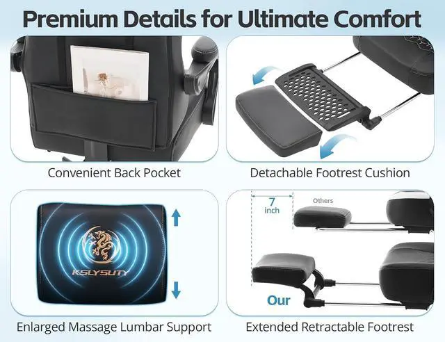 Alt view image 6 of 7 - Office Chair for Home Office, Ergonomic Wide Seat Desk Chair with Pocket Spring Cushion, Breathable Leather Gaming Chair with Adjustable Headrest and Retractable FootrestBlack Leather