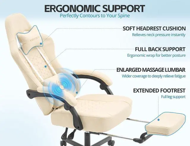 Alt view image 5 of 7 - Office Chair for Home Office, Ergonomic Wide Seat Desk Chair with Pocket Spring Cushion, Breathable Leather Gaming Chair with Adjustable Headrest and Retractable FootrestBeige Leather