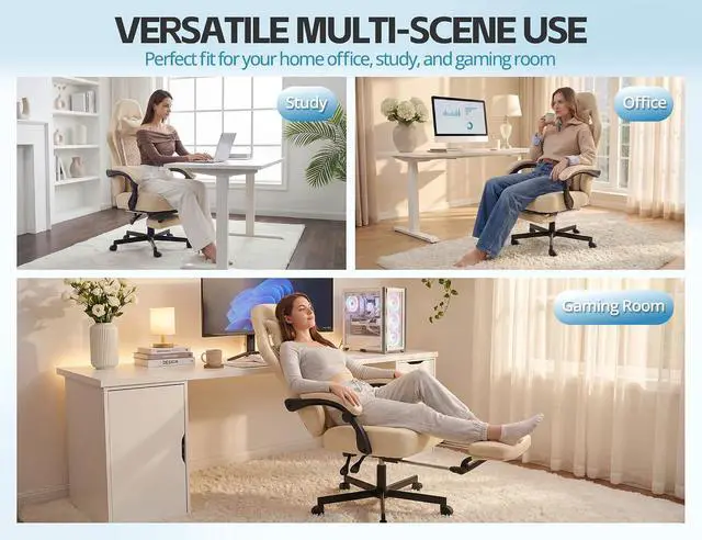 Alt view image 3 of 7 - Office Chair for Home Office, Ergonomic Wide Seat Desk Chair with Pocket Spring Cushion, Breathable Leather Gaming Chair with Adjustable Headrest and Retractable FootrestBeige Leather