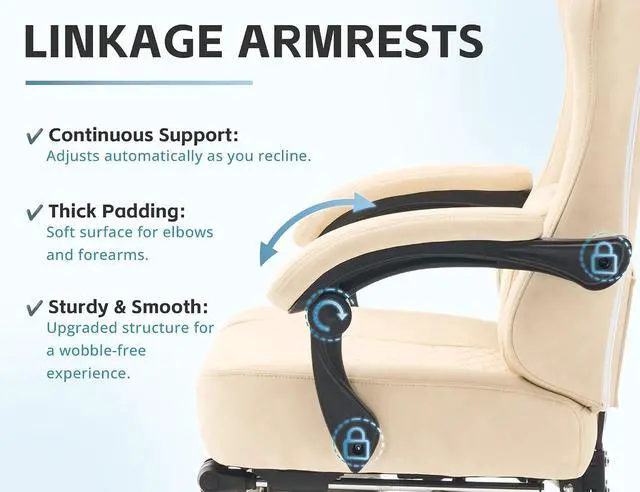 Alt view image 6 of 7 - Office Chair for Home Office, Ergonomic Wide Seat Desk Chair with Pocket Spring Cushion, Breathable Leather Gaming Chair with Adjustable Headrest and Retractable FootrestBeige Leather