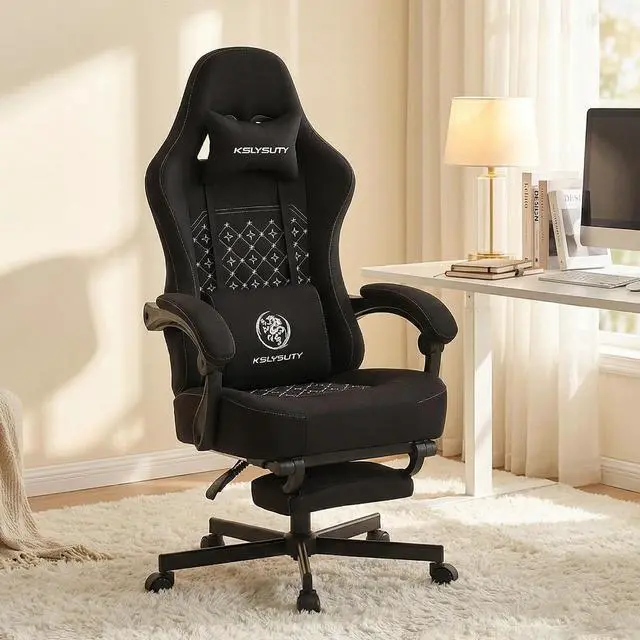 Main image of Office Chair for Home Office, Ergonomic Wide Seat Desk Chair with Pocket Spring Cushion, Breathable Leather Gaming Chair with Adjustable Headrest and Retractable FootrestBlack Fabric