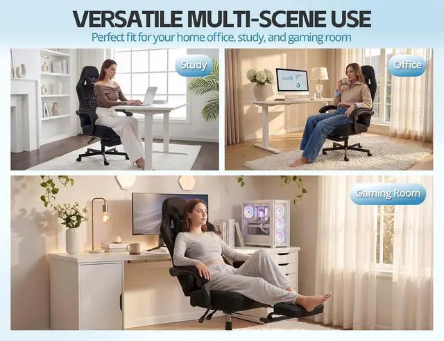 Alt view image 3 of 7 - Office Chair for Home Office, Ergonomic Wide Seat Desk Chair with Pocket Spring Cushion, Breathable Leather Gaming Chair with Adjustable Headrest and Retractable FootrestBlack Fabric