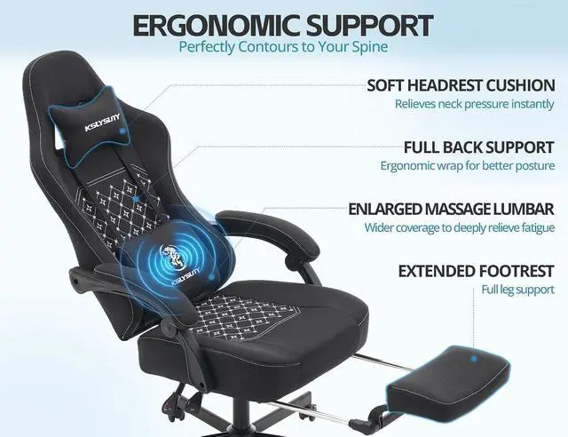 Alt view image 5 of 7 - Office Chair for Home Office, Ergonomic Wide Seat Desk Chair with Pocket Spring Cushion, Breathable Leather Gaming Chair with Adjustable Headrest and Retractable FootrestBlack Fabric