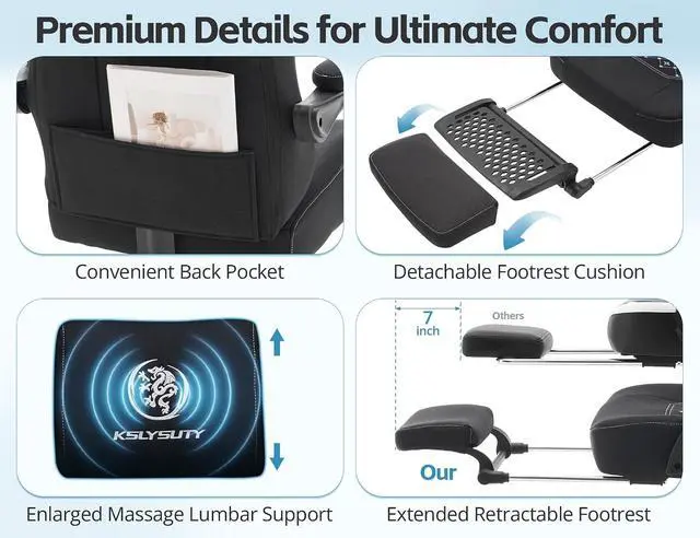 Alt view image 6 of 7 - Office Chair for Home Office, Ergonomic Wide Seat Desk Chair with Pocket Spring Cushion, Breathable Leather Gaming Chair with Adjustable Headrest and Retractable FootrestBlack Fabric