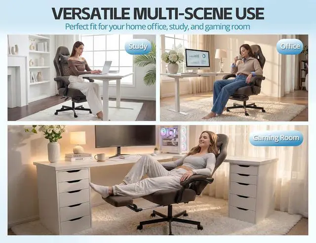 Alt view image 3 of 7 - Office Chair for Home Office, Ergonomic Wide Seat Desk Chair with Pocket Spring Cushion, Breathable Leather Gaming Chair with Adjustable Headrest and Retractable FootrestGrey Leather