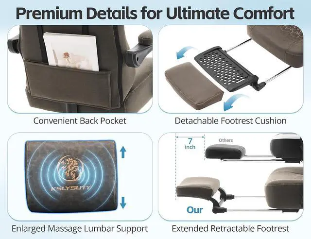 Alt view image 6 of 7 - Office Chair for Home Office, Ergonomic Wide Seat Desk Chair with Pocket Spring Cushion, Breathable Leather Gaming Chair with Adjustable Headrest and Retractable FootrestGrey Leather