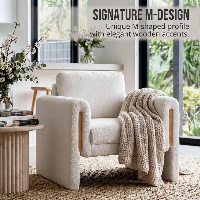 Alt view image 3 of 7 - 35" Wide Accent Chair, Modern Boucle Armchair with Extra Thick Cushion, Oversized Upholstered Single Sofa Reading Chair for Living Room, Bedroom, Office, Small Spaces (Cream White)