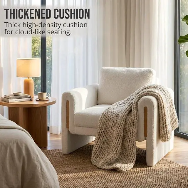 Alt view image 5 of 7 - 35" Wide Accent Chair, Modern Boucle Armchair with Extra Thick Cushion, Oversized Upholstered Single Sofa Reading Chair for Living Room, Bedroom, Office, Small Spaces (Cream White)