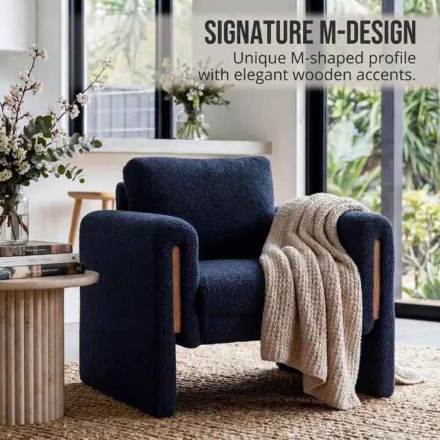 Alt view image 3 of 7 - 35" Wide Accent Chair, Modern Boucle Armchair with Extra Thick Cushion, Oversized Upholstered Single Sofa Reading Chair for Living Room, Bedroom, Office, Small Spaces (Blue)