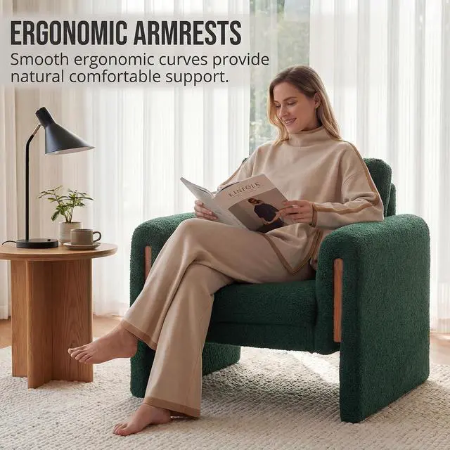 Alt view image 4 of 7 - 35" Wide Accent Chair, Modern Boucle Armchair with Extra Thick Cushion, Oversized Upholstered Single Sofa Reading Chair for Living Room, Bedroom, Office, Small Spaces (Green)