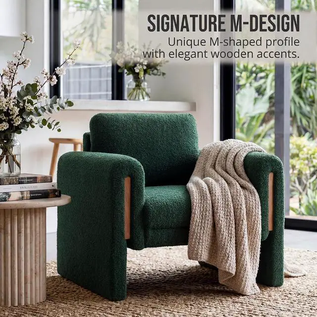 Alt view image 3 of 7 - 35" Wide Accent Chair, Modern Boucle Armchair with Extra Thick Cushion, Oversized Upholstered Single Sofa Reading Chair for Living Room, Bedroom, Office, Small Spaces (Green)
