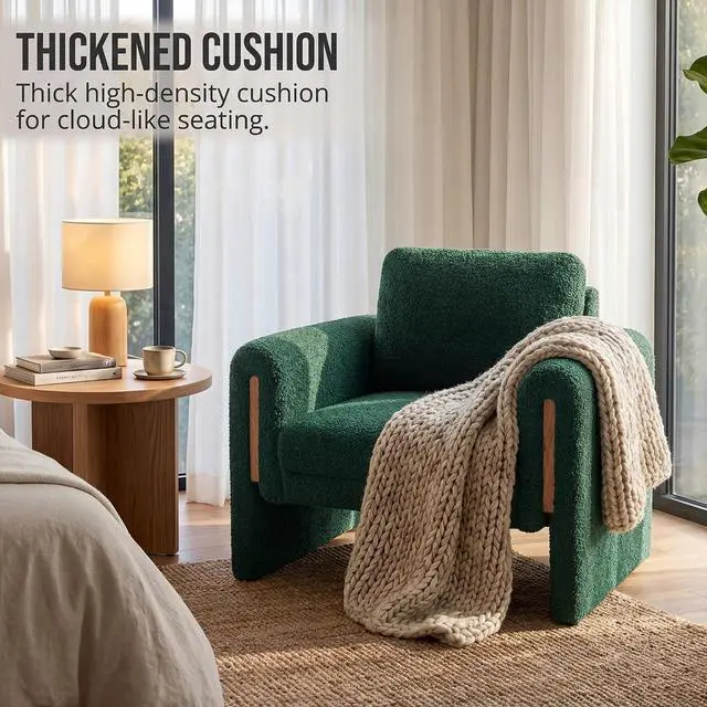 Alt view image 5 of 7 - 35" Wide Accent Chair, Modern Boucle Armchair with Extra Thick Cushion, Oversized Upholstered Single Sofa Reading Chair for Living Room, Bedroom, Office, Small Spaces (Green)