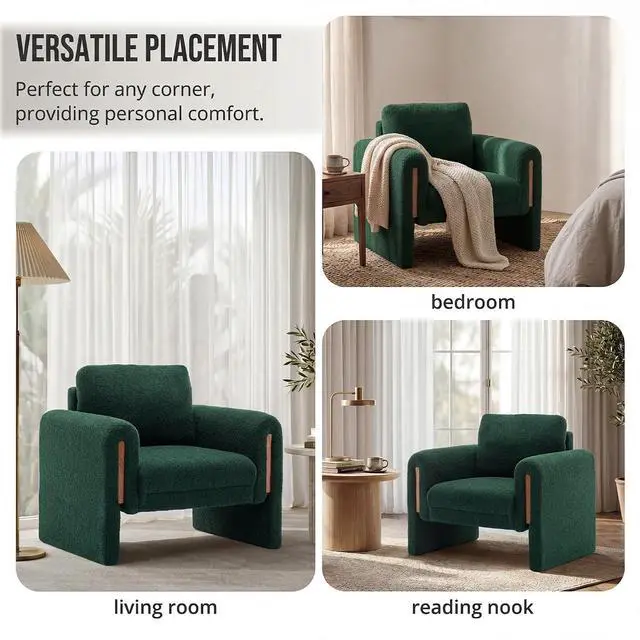 Alt view image 7 of 7 - 35" Wide Accent Chair, Modern Boucle Armchair with Extra Thick Cushion, Oversized Upholstered Single Sofa Reading Chair for Living Room, Bedroom, Office, Small Spaces (Green)