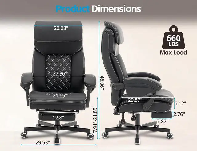 Alt view image 2 of 7 - Ergonomic Big and Tall Office Chair with Footrest, PU Leather High Back Executive Gaming Chair, Reclining Wide Computer Desk Chair with Lumbar Support & 360° Swivel Wheels for Home Office