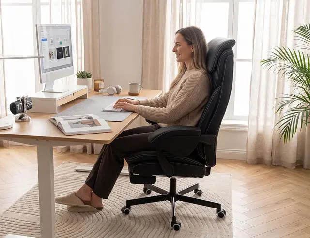 Alt view image 3 of 7 - Ergonomic Big and Tall Office Chair with Footrest, PU Leather High Back Executive Gaming Chair, Reclining Wide Computer Desk Chair with Lumbar Support & 360° Swivel Wheels for Home Office