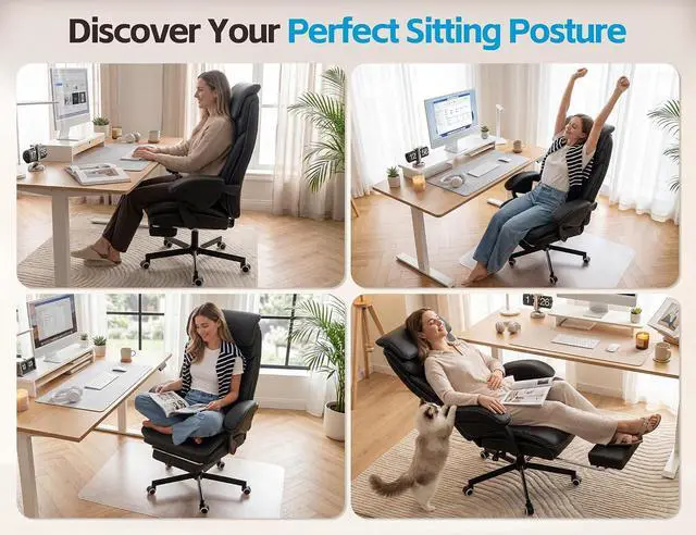 Alt view image 4 of 7 - Ergonomic Big and Tall Office Chair with Footrest, PU Leather High Back Executive Gaming Chair, Reclining Wide Computer Desk Chair with Lumbar Support & 360° Swivel Wheels for Home Office