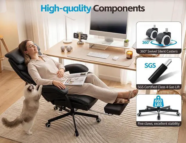 Alt view image 5 of 7 - Ergonomic Big and Tall Office Chair with Footrest, PU Leather High Back Executive Gaming Chair, Reclining Wide Computer Desk Chair with Lumbar Support & 360° Swivel Wheels for Home Office