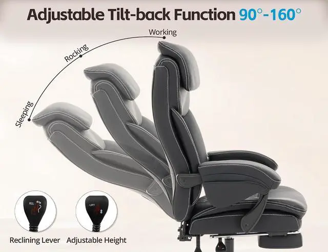 Alt view image 6 of 7 - Ergonomic Big and Tall Office Chair with Footrest, PU Leather High Back Executive Gaming Chair, Reclining Wide Computer Desk Chair with Lumbar Support & 360° Swivel Wheels for Home Office