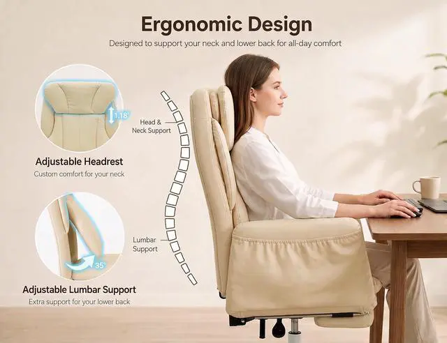 Alt view image 3 of 7 - Criss Cross Office Chair with Footrest, 90°-150° Reclining Desk Chair, Cat Paw Leather Computer Chair with Adjustable Headrest, 10°-35° Lumbar Support, 5-Position Armrests
