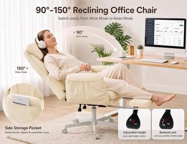 Alt view image 4 of 7 - Criss Cross Office Chair with Footrest, 90°-150° Reclining Desk Chair, Cat Paw Leather Computer Chair with Adjustable Headrest, 10°-35° Lumbar Support, 5-Position Armrests