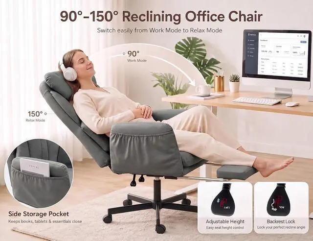 Alt view image 4 of 7 - Criss Cross Office Chair with Footrest, 90°-150° Reclining Desk Chair, Cat Paw Leather Computer Chair with Adjustable Headrest, 10°-35° Lumbar Support, 5-Position Armrests