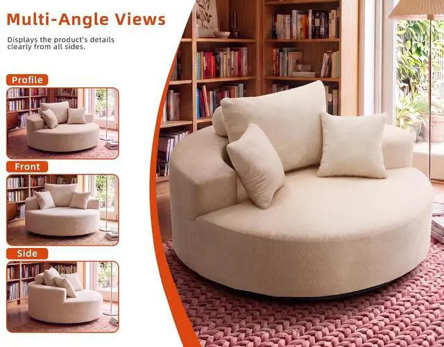 Alt view image 5 of 7 - 55" Oversized Round Swivel Chair, 360° Rotating Chenille Cotton Blend Chair, High-Density Foam Cushion, Comfy Modern Accent Chair for Living Room, Bedroom, Reading Nook, Apartment & Office