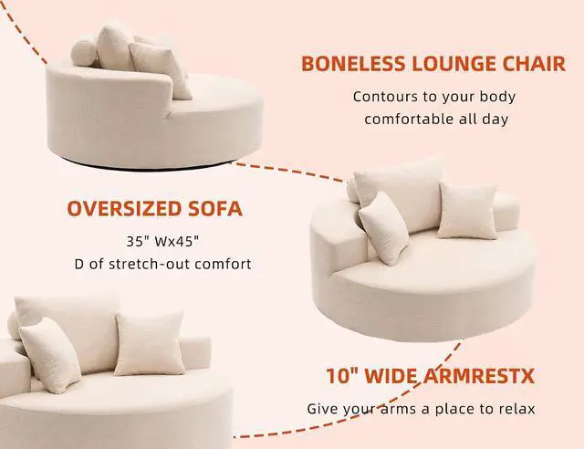 Alt view image 6 of 7 - 55" Oversized Round Swivel Chair, 360° Rotating Chenille Cotton Blend Chair, High-Density Foam Cushion, Comfy Modern Accent Chair for Living Room, Bedroom, Reading Nook, Apartment & Office