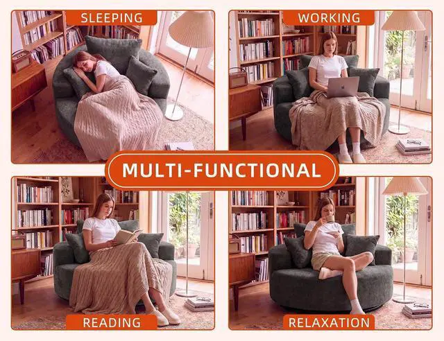 Alt view image 3 of 7 - 55" Oversized Round Swivel Chair, 360° Rotating Chenille Cotton Blend Chair, High-Density Foam Cushion, Comfy Modern Accent Chair for Living Room, Bedroom, Reading Nook, Apartment & Office,Gray