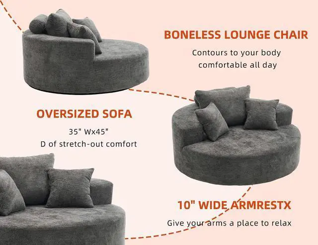 Alt view image 6 of 7 - 55" Oversized Round Swivel Chair, 360° Rotating Chenille Cotton Blend Chair, High-Density Foam Cushion, Comfy Modern Accent Chair for Living Room, Bedroom, Reading Nook, Apartment & Office,Gray