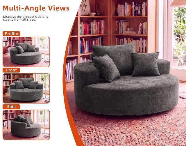 Alt view image 5 of 7 - 55" Oversized Round Swivel Chair, 360° Rotating Chenille Cotton Blend Chair, High-Density Foam Cushion, Comfy Modern Accent Chair for Living Room, Bedroom, Reading Nook, Apartment & Office,Gray
