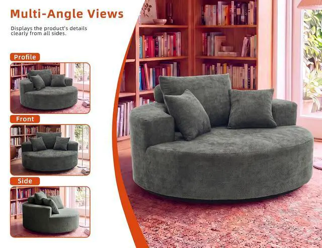 Alt view image 5 of 7 - 55" Oversized Round Swivel Chair, 360° Rotating Chenille Cotton Blend Chair, High-Density Foam Cushion, Comfy Modern Accent Chair for Living Room, Bedroom, Reading Nook, Apartment & Office,Green
