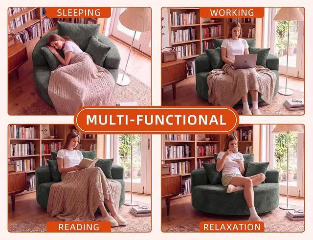 Alt view image 3 of 7 - 55" Oversized Round Swivel Chair, 360° Rotating Chenille Cotton Blend Chair, High-Density Foam Cushion, Comfy Modern Accent Chair for Living Room, Bedroom, Reading Nook, Apartment & Office,Green
