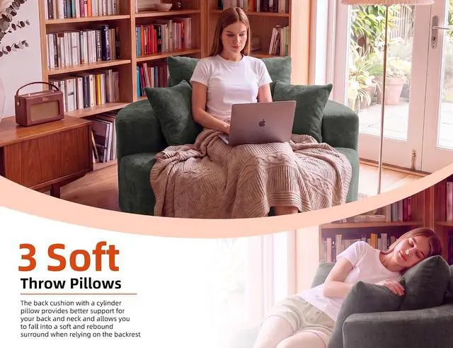 Alt view image 7 of 7 - 55" Oversized Round Swivel Chair, 360° Rotating Chenille Cotton Blend Chair, High-Density Foam Cushion, Comfy Modern Accent Chair for Living Room, Bedroom, Reading Nook, Apartment & Office,Green