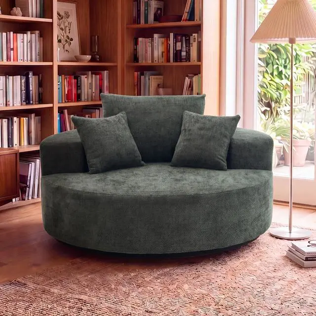Main image of 55" Oversized Round Swivel Chair, 360° Rotating Chenille Cotton Blend Chair, High-Density Foam Cushion, Comfy Modern Accent Chair for Living Room, Bedroom, Reading Nook, Apartment & Office,Green