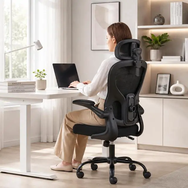 Main image of Ergonomic Office Chair with Adjustable Headrest & Lumbar Support, High Back Mesh Desk Chair, 400 LBS Capacity Swivel Computer Chair with Flip-Up Arms, Home Office Gaming Chair (Black)