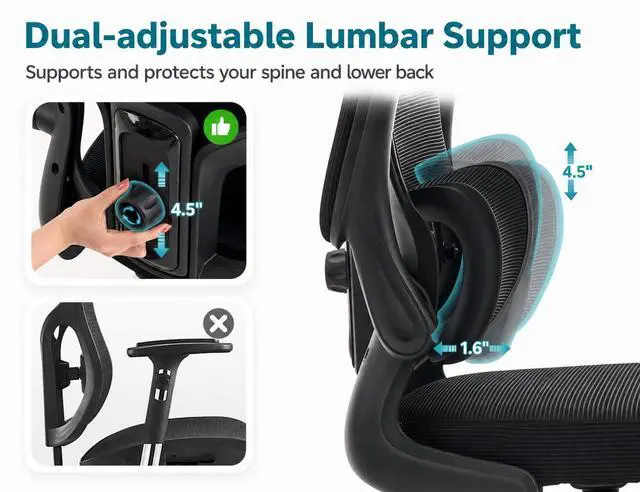 Alt view image 3 of 7 - Ergonomic Office Chair with Adjustable Headrest & Lumbar Support, High Back Mesh Desk Chair, 400 LBS Capacity Swivel Computer Chair with Flip-Up Arms, Home Office Gaming Chair (Black)