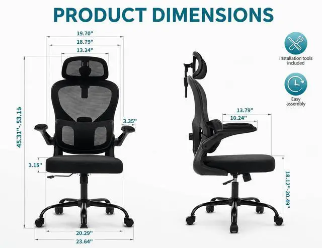 Alt view image 2 of 7 - Ergonomic Office Chair with Adjustable Headrest & Lumbar Support, High Back Mesh Desk Chair, 400 LBS Capacity Swivel Computer Chair with Flip-Up Arms, Home Office Gaming Chair (Black)