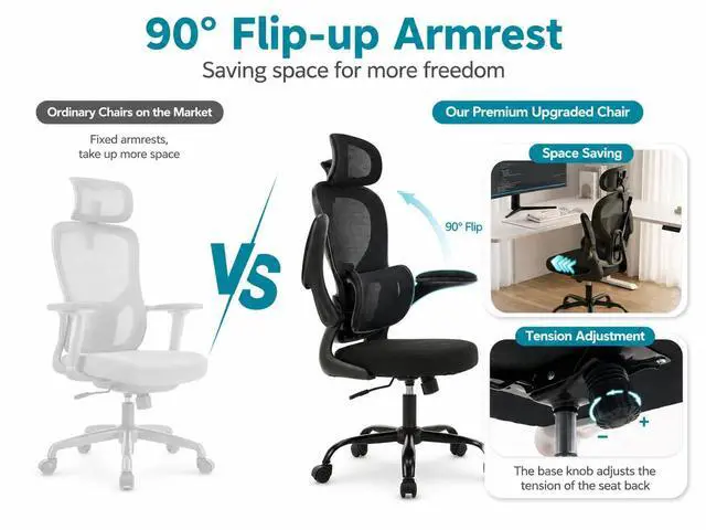 Alt view image 5 of 7 - Ergonomic Office Chair with Adjustable Headrest & Lumbar Support, High Back Mesh Desk Chair, 400 LBS Capacity Swivel Computer Chair with Flip-Up Arms, Home Office Gaming Chair (Black)