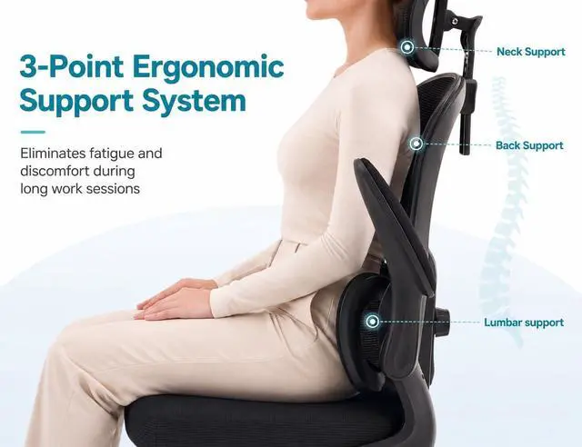 Alt view image 6 of 7 - Ergonomic Office Chair with Adjustable Headrest & Lumbar Support, High Back Mesh Desk Chair, 400 LBS Capacity Swivel Computer Chair with Flip-Up Arms, Home Office Gaming Chair (Black)