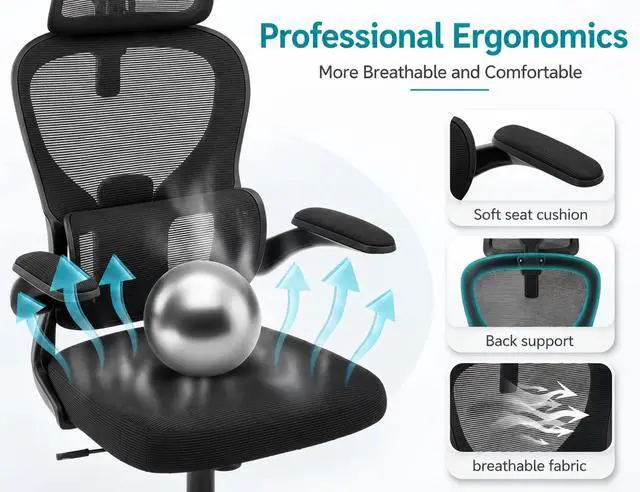 Alt view image 7 of 7 - Ergonomic Office Chair with Adjustable Headrest & Lumbar Support, High Back Mesh Desk Chair, 400 LBS Capacity Swivel Computer Chair with Flip-Up Arms, Home Office Gaming Chair (Black)