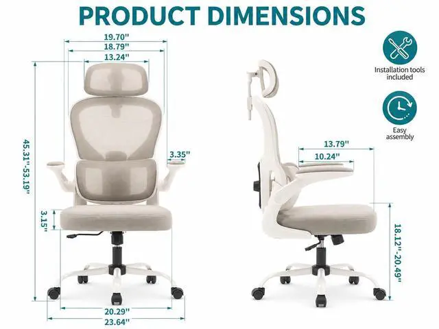 Alt view image 2 of 7 - Ergonomic Office Chair with Adjustable Headrest & Lumbar Support, High Back Mesh Desk Chair, 330 LBS Capacity Swivel Computer Chair with Flip-Up Arms, Home Office Gaming Chair(Grey)